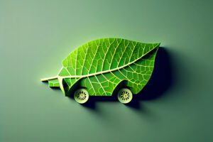 Green leaf with four wheels. 3D illustration